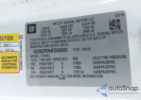 2015 Chevrolet Silverado 1500 Wt из США, поврежденный, VIN 1GCNCPEH4FZ390920